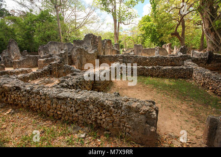 Die Ruinen der alten afrikanischen Stadt Gede (GEDI) in Watamu, Kenia mit Bäumen und Himmel im Hintergrund. Stockfoto