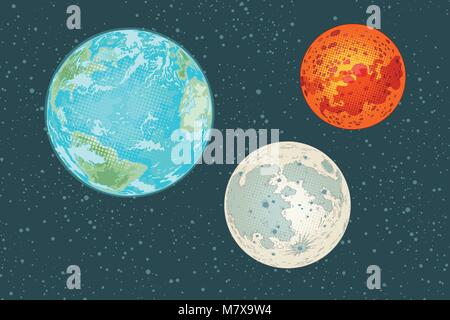 Mars, Erde und Mond, die Planeten des Sonnensystems. Stock Vektor