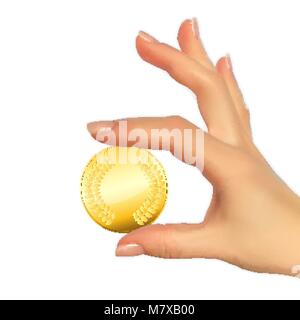 Realistische 3D-Silhouette von Hand mit Gold Medaille. Vector Illustration Stock Vektor