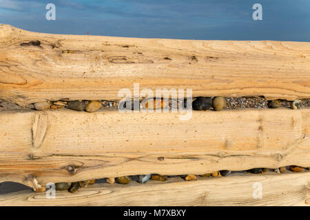 Kiefer groyne mit Kieselsteinen, die Lücken durch die Kraft der Wellen blockiert, am Strand in Bexhill-on-Sea, East Sussex, England Stockfoto