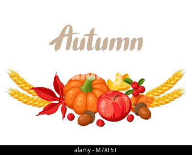 Thanksgiving Day oder im Herbst. Dekoratives Element mit Gemüse und Blätter Stock Vektor