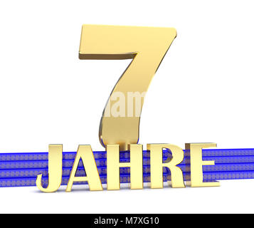 Goldene Zahl sieben Jahre und die Inschrift auf dem blauen Treppe mit goldenen Symbole endloser Knoten. Aus dem Deutschen übersetzt. 3D-Darstellung Stockfoto