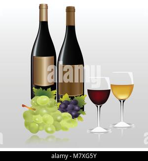 Gläser und Flaschen von weißen und roten Wein, Trauben über Weiß. Stock Vektor