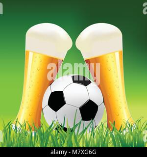 Glas Bier und Fußball auf Gras. Grüne Fußball hintergrund abbildung Stock Vektor