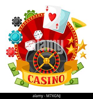 Casino-Glücksspiel Hintergrund oder Flyer mit Spielobjekten Stock Vektor
