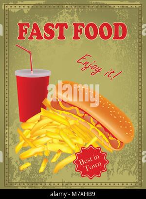 Vintage Fast Food Plakat mit Hot Dog, Pommes und Getränk Stock Vektor