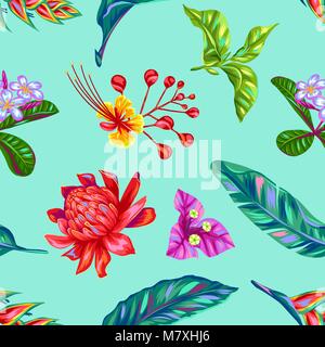 Nahtlose Muster mit Thailand Blumen. Tropische grün Pflanzen, Blätter und Knospen Stock Vektor