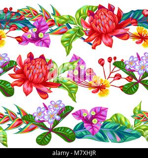 Nahtlose Muster mit Thailand Blumen. Tropische grün Pflanzen, Blätter und Knospen Stock Vektor