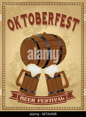 Oktoberfest Vintage Poster mit zwei hölzernen Becher mit Bier und Holzfass. Retro Vintage Grunge Stil Stock Vektor