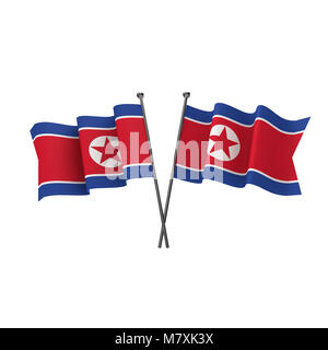 Nordkorea flags gekreuzt auf einem weißen Hintergrund. 3D-Rendering Stockfoto