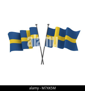 Schweden Fahnen gekreuzt auf einem weißen Hintergrund. 3D-Rendering Stockfoto