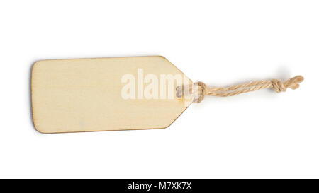 Mockup rustikalem Holz tag Label isoliert Freistellungsmaske auf weißem Hintergrund mit Pfad, Ansicht von oben. Stockfoto