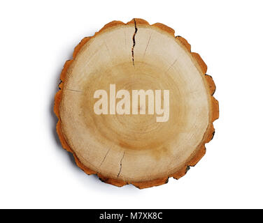 Vintage große kreisförmige Stück Holz Querschnitt mit Baum ring Textur muster und Risse isoliert Freistellungsmaske auf weißem Hintergrund mit Pfad, oben Stockfoto