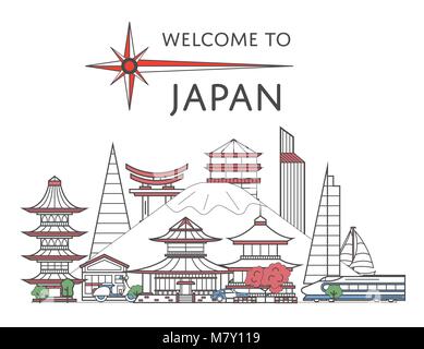 Nach Japan Poster im linearen Stil willkommen Stock Vektor