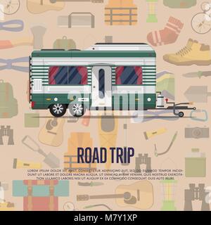 Road Trip Poster mit Camping trailer Stock Vektor