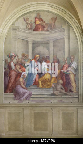 Visitation (1514-1516). Fresko von Italienischen manieristische Maler Jacopo Pontormo im Innenhof der Basilica della Santissima Annunziata (Basilika der Heiligen Verkündigung) in Florenz, Toskana, Italien. Stockfoto