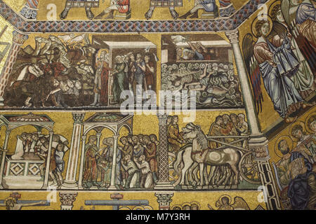 Szenen aus dem Buch Genesis und die Erzählungen von Joseph in der mittelalterlichen Mosaiken aus dem 13. Jahrhundert innerhalb der achteckigen Kuppel in der Battistero di San Giovanni (Florenz Baptisterium) in Florenz, Toskana, Italien dargestellt. Die Arche Noah und die Sintflut dargestellt oben und Joseph erkannt von seinen Brüdern, und Joseph seinen Vater Jakob dargestellt, unten von links nach rechts. Stockfoto