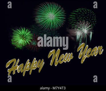 Frohes neues Jahr mit Feuerwerk und glitter text Stockfoto