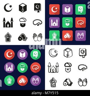 Islamische Religion in einem Symbole Schwarzweiß Farbe flaches Design Freehand eingestellt Stock Vektor