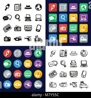 Journalist oder Reporter in einem Symbole Schwarzweiß Farbe flaches Design Freehand eingestellt Stock Vektor