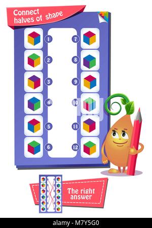 Lernspiel für Kinder. Entwicklung von Logik, iq. Aufgabe Spiel verbinden Hälften der Form Stock Vektor