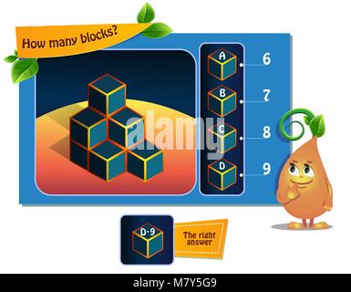Lernspiel für Kinder, Puzzle. Entwicklung des räumlichen Denkens bei Kindern (geeignet sowohl für Kinder und Erwachsene). Aufgabe Spiel Wie viele Blöcke? Stock Vektor