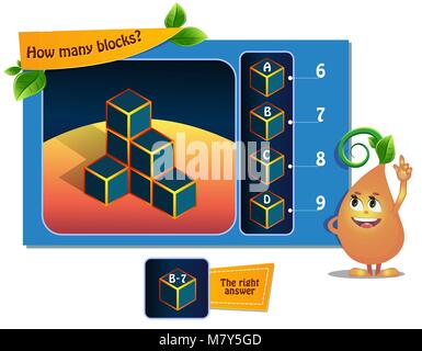 Lernspiel für Kinder, Puzzle. Entwicklung des räumlichen Denkens bei Kindern (geeignet sowohl für Kinder und Erwachsene). Aufgabe Spiel Wie viele Blöcke? Stock Vektor