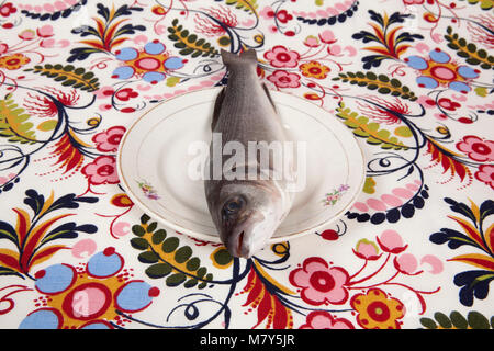 Eine Baß-Fischen im Inneren eine Blume Platte auf einem geblümten Stoff versteckt. Camouflage Spiel. Minimale Farbe still life Fotografie. Stockfoto