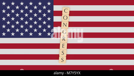 USA Politik Nachrichten Konzept: Buchstabensteine Kongress auf der US-Flagge, 3D-Darstellung Stockfoto