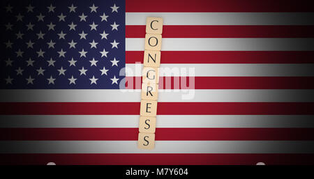 USA Politik Nachrichten Konzept: Buchstabensteine Kongress auf der US-Flagge, 3D-Darstellung Stockfoto