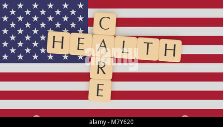 USA Politik Nachrichten Konzept: Buchstabensteine Health Care auf der US-Flagge, 3D-Darstellung Stockfoto