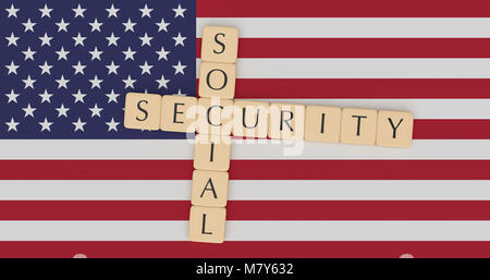 USA Politik Nachrichten Konzept: Buchstabensteine soziale Sicherheit auf der US-Flagge, 3D-Darstellung Stockfoto