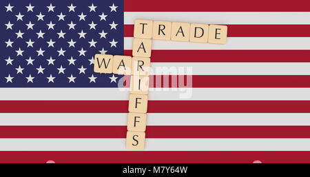 USA Politik Nachrichten Konzept: Buchstabensteine Zoll- und Handelsabkommens Krieg auf US Flag, 3D-Darstellung Stockfoto