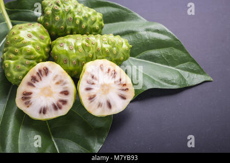 Frucht des Großen morinda (Noni) oder Morinda citrifolia Baum und grüne Blätter auf Schwarz Stein Vorstand Hintergrund Stockfoto