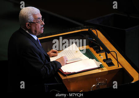 Des Präsidenten der Palästinensischen Autonomiebehörde Mahmud Abbas Adressen die Vereinten Nationen während seiner jährlichen Mitgliederversammlung am 23. September 2011 in New York City Credit: Dennis Van Tine/MediaPunch Stockfoto