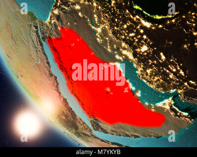 Satellitenansicht von Saudi-arabien in Rot hervorgehoben auf dem Planeten Erde mit sichtbaren Grenzen während des Sonnenuntergangs. 3D-Darstellung. Elemente dieses Bild Stockfoto