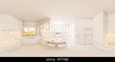 3D-Illustration sphärischen 360 Grad, nahtloses Panorama von Wohnzimmer und Küche Interieur. Studio Apartment in den Skandinavischen minderen Stockfoto