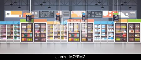Supermarkt innen Store mit Zusammenstellung der Lebensmittel Lebensmittel in den Regalen horizontale Banner Stock Vektor