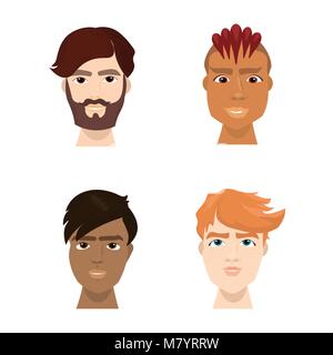 Mix Rennen Hipster männliche Gesichter mit trendigen Bärte und Haarschnitte isoliert Icon Sammlung Stock Vektor