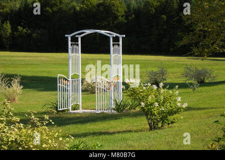 Weiße schmiedeeiserne Metall Laube Tor in der Mitte der gepflegten grünen Rasen im privaten Hinterhof Land Garten im Sommer Stockfoto