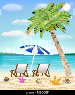 Stuhl am Meer Sandstrand mit Kokosnuss Baum entspannen Stock Vektor