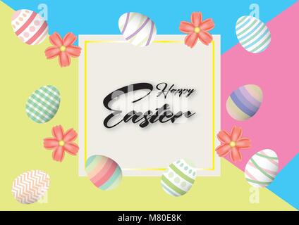 Frohe Ostern Hintergrund Vorlage mit bunten Ostereier und schöne Blumen und bunten Hintergrund mit quadratischen Rahmen. Vector Illustration. Stock Vektor