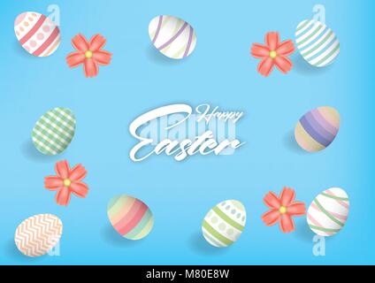 Frohe Ostern Hintergrund Vorlage mit bunten Ostereier und schöne Blume und blauem Hintergrund. Vector Illustration. Stock Vektor