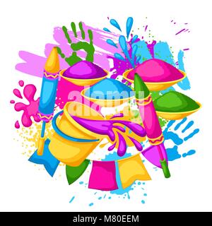 Happy Holi bunten Hintergrund. Abbildung: Eimer mit Farbe, Wasser, Waffen, Fahnen, blots und Flecken Stock Vektor