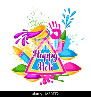Happy Holi bunten Hintergrund. Abbildung: Eimer mit Farbe, Wasser, Waffen, Fahnen, blots und Flecken Stock Vektor