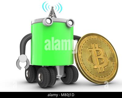3d-Abbildung: Roboter mit mit bitcoin auf weißem Hintergrund Stockfoto