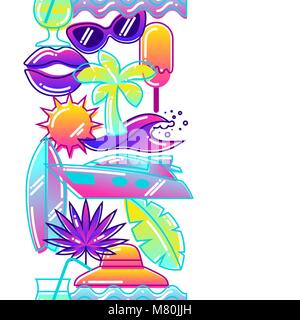 Nahtlose Muster mit stilisierten Sommer Objekte. Abstrakte Abbildung in leuchtenden Farben. Stock Vektor