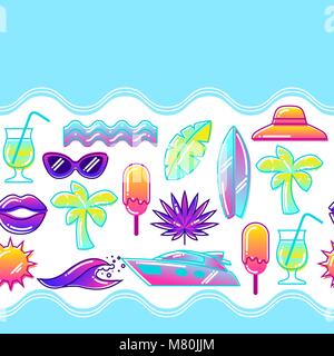 Nahtlose Muster mit stilisierten Sommer Objekte. Abstrakte Abbildung in leuchtenden Farben. Stock Vektor