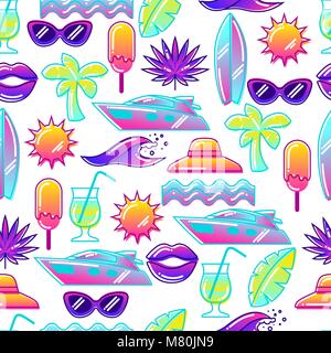 Nahtlose Muster mit stilisierten Sommer Objekte. Abstrakte Abbildung in leuchtenden Farben. Stock Vektor