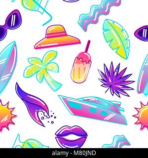 Nahtlose Muster mit stilisierten Sommer Objekte. Abstrakte Abbildung in leuchtenden Farben. Stock Vektor